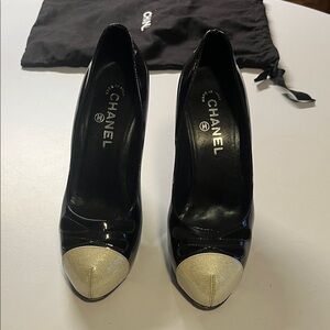 CHANEL Black Heels with Cream Toe Cap